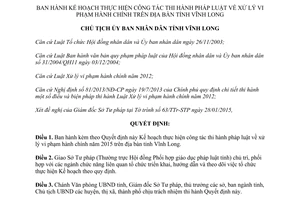 Quyết định 156/QĐ-UBND 2015 kế hoạch thi hành xử lý vi phạm hành chính Vĩnh Long