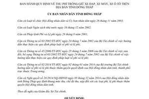 Quyết định 08/2015/QĐ-UBND thu phí trông giữ xe đạp xe máy xe ô tô Đồng Tháp