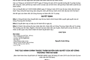 Quyết định 184/QĐ-UBND thủ tục hành chính thuộc thẩm quyền giải quyết sở công thương Hà Nam 2015