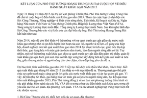 Thông báo 43/TB-VPCP điều hành xuất khẩu gạo 2015