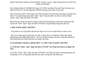 Hướng dẫn 168/HD-TLĐ 2015 khen thưởng chuyên đề Xanh Sạch Đẹp bảo đảm An toàn vệ sinh lao động