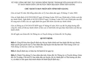 Quyết định 343/QĐ-UBND công bố thủ tục hành chính mới thuộc Ủy ban nhân dân cấp huyện Tiền Giang 2015