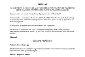 Circular No. 05/2015/TT-BNNPTNT procedures practising certificate treatment plant quarantine