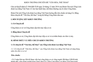 Hướng dẫn 194/HD-TLĐ 2015 khen thưởng chuyên đề Văn hóa thể thao