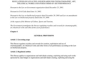 Decree No. 21/2015/ND-CP rewards for cinematographic art theatrical works other forms of art performance