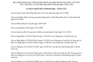 Quyết định 10/2015/QĐ-UBND giá tính lệ phí trước bạ xe ô tô xe máy tàu thuyền ca nô Bà Rịa Vũng Tàu