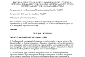 Decree No. 22/2015/NĐ-CP detailed regulations of the bankruptcy Law for the asset management officer