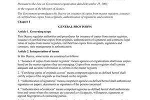 Decree No. 23/2015/NĐ-CP issuing copies from master registers certification of true copies from originals