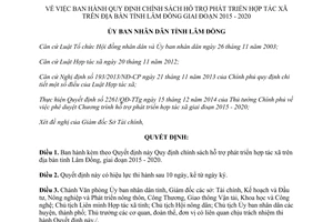 Quyết định 14/2015/QĐ-UBND hỗ trợ phát triển hợp tác xã Lâm Đồng 2015 2020