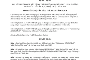 Quyết định 540/QĐ-BVHTTDL xét tặng Giải thưởng Hồ Chí Minh Giải thưởng Nhà nước văn học 2016 2015