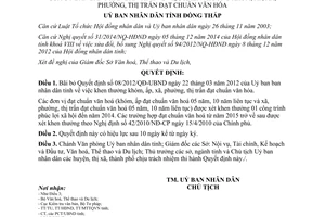 Quyết định 26/2015/QĐ-UBND bãi bỏ Quyết định về khen thưởng xã phường thị trấn văn hóa Đồng Tháp