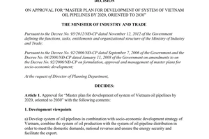 Decision No. 1755/QĐ-BCT on approval for development of system of Vietnam oil pipelines by 2020 2030