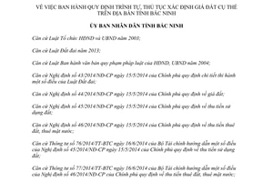 Quyết định 02/2015/QĐ-UBND trình tự thủ tục xác định giá đất cụ thể Bắc Ninh