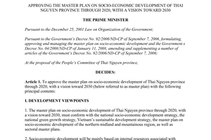 Decision No. 260/QD-TTg master plan on socio-economic development Thai Nguyen 2020 2030