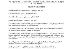 Quyết định 258/QĐ-TTg 2015 thành lập Trung tâm Xúc tiến đầu tư thương mại du lịch Hòa Bình