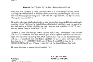 Công văn 143/KCB-PHCN&GĐ 2015 cơ sở đủ điều kiện khám sức khỏe người nước ngoài làm việc Việt Nam