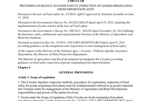 Circular No. 12/2015/TT-BNNPTNT food safety inspection of goods originating from imported plants