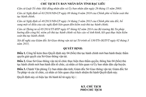 Quyết định 380/QĐ-UBND 2015 công bố thủ tục hành chính mới Sở Giao thông vận tải Bạc Liêu