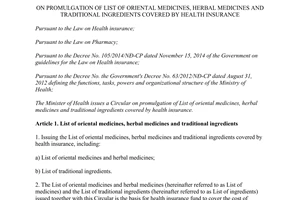 Circular No. 05/2015/TT-BYT list of oriental medicines herbal medicines and traditional ingredients covered