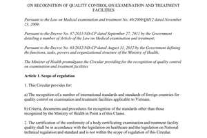 Circular No. 04/2015/TT-BYT on recognition of quality control on examination and treatment facilities