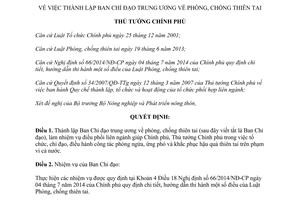 Quyết định 367/QĐ-TTg thành lập ban chỉ đạo trung ương phòng chống thiên tai 2015