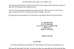 Thông báo 15/2015/TB-LPQT hiệu lực Tuyên bố tăng cường quan hệ đối tác toàn diện Việt Nam Ôxtơrâylia