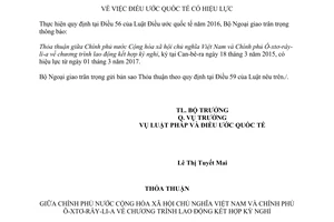 Thông báo 04/2017/TB-LPQT hiệu lực Thỏa thuận lao động kết hợp kỳ nghỉ Việt Nam Ôxtơrâylia 2017