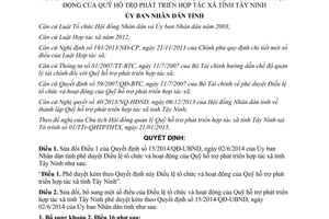 Quyết định 15/2015/QĐ-UBND Điều lệ tổ chức hoạt động quỹ hỗ trợ phát triển Hợp tác xã Tây Ninh