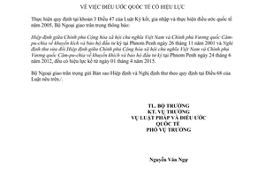 Thông báo hiệu lực Hiệp định giữa Việt Nam và Vương quốc Căm-pu-chia về khuyến khích và bảo hộ đầu tư