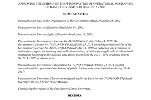 Decision 377/QD-TTg approving scheme pilot innovation operational mechanism Hanoi University 2015 2017