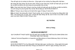 Thông tư 04/2015/TT-BGTVT Quy chuẩn kỹ thuật thiết bị cứu sinh dùng cho phương tiện thủy nội địa