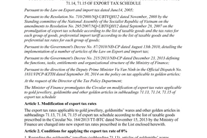 Circular No. 36/2015/TT-BTC on modification of export tax rates applicable to gold jewelry