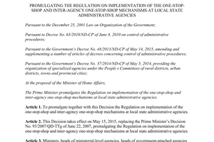 Decision No. 09/2015/QD-TTg one-stop-shop inter-agency at local state administrative agencies