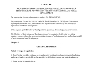 Circular No. 13/2015/TT-BNNPTNT procedures for recognition of new technological advances in field