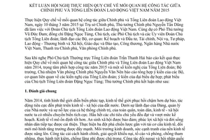 Thông báo 97/TB-VPCP kết luận mối quan hệ công tác Chính phủ Tổng Liên đoàn Lao động 2015