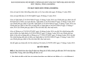 Quyết định 25/2015/QĐ-UBND Bảng hệ số điều chỉnh giá đất 2015 huyện Đức Trọng Lâm Đồng