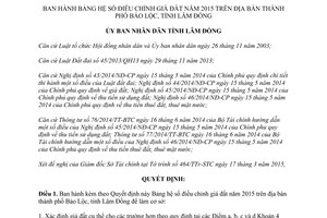 Quyết định 21/2015/QĐ-UBND Bảng hệ số điều chỉnh giá đất 2015 Bảo Lộc Lâm Đồng