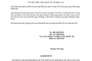 Thông báo 49/2016/TB-LPQT hiệu lực Hiệp định miễn thị thực người mang hộ chiếu ngoại giao công vụ