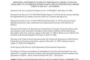 Circular No. 44/2015/TT-BTC amendments to special preferential import tax rates
