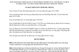 Quyết định 13/2015/QĐ-UBND quản lý nghiên cứu ứng dụng dịch vụ khoa học công nghệ Sóc Trăng