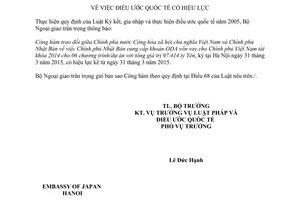 Thông báo 46/2015/TB-LPQT hiệu lực công hàm trao đổi Việt Nhật cung cấp ODA vốn vay Việt Nam