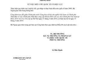 Thông báo 48/2015/TB-LPQT hiệu lực công hàm trao đổi Việt Nhật cung cấp khoản ODA vốn vay cho Việt Nam