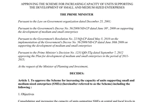 Decision No. 265/QĐ-TTg 2015 increasing capacity units supporting small medium sized enterprises