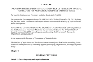 Circular No. 08/2015/TT-BNNPTNT supervision veterinary hygiene food safety exported honey