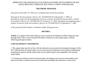 Decision No. 269/QD-TTg 2015 master plan on socio-economic development of Bac Giang 2020 2030