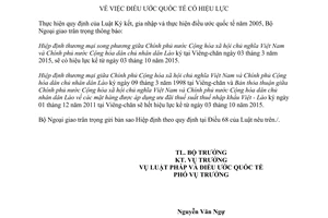Thông báo 38/2015/TB-LPQT hiệu lực Hiệp định thương mại song phương giữa Việt Nam Lào