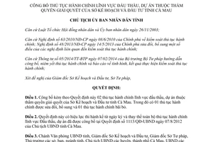 Quyết định 309/QĐ-UBND thủ tục hành chính đấu thầu dự án thẩm quyền Sở Kế hoạch Cà Mau 2015