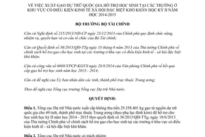 Quyết định 405/QĐ-BTC xuất gạo dự trữ quốc gia hỗ trợ trường khu vực kinh tế xã hội đặc biệt khó khăn 2015