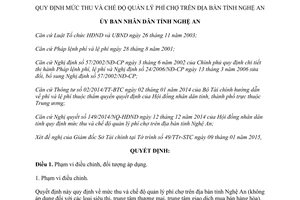 Quyết định 16/2015/QĐ-UBND mức thu chế độ quản lý phí chợ Nghệ An