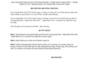 Quyết định 2007/QĐ-BCT 2015 xét tặng danh hiệu Nghệ nhân Nhân dân Nghệ nhân Ưu tú